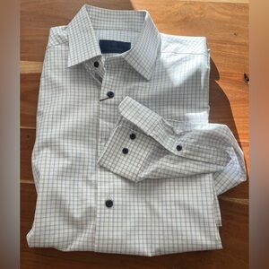 NWT David Donahue Slim Fit White Dress Shirt w Two-Tone Blue Plaid - Sz 16 36/37